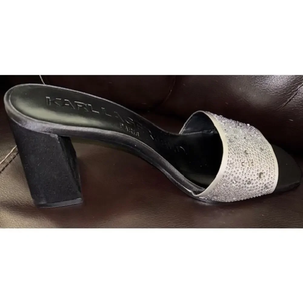 NIB KARL LAGERFELD PARIS PERA RHINESTONE BLACK WHITE SLIDE SANDAL. 9 M Sparkly - Picture 10 of 12